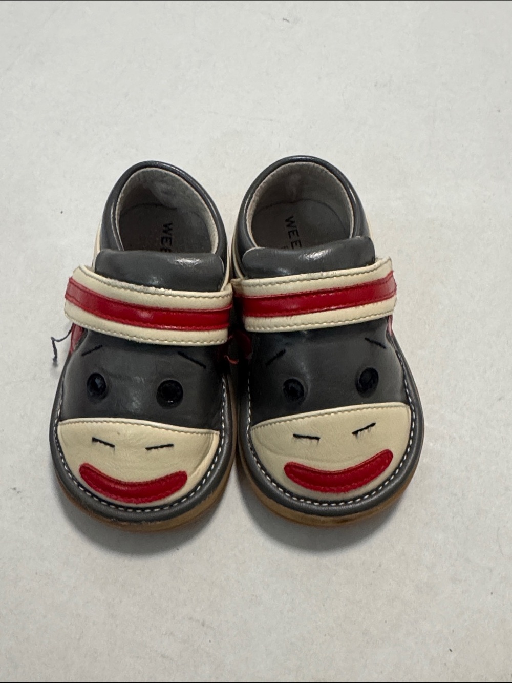 Wee Squeak Kids Grey and Cream Monkey Face Velcro Shoes 6/22